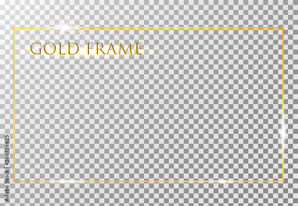 Poster Gold shiny glowing vintage frame with shadows isolated on transparent background. Golden luxury realistic rectangle border. Vector illustration