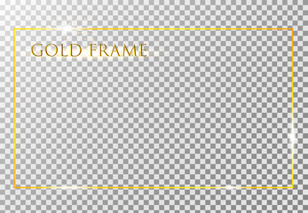 Gold shiny glowing vintage frame with shadows isolated on transparent background. Golden luxury realistic rectangle border. Vector illustration