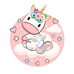 Cute baby unicorn with hearts, stars and clouds