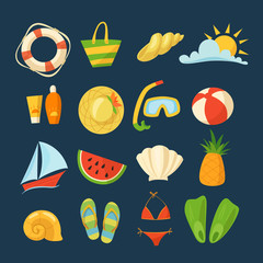 Summer vector set with food, toys, clothes and symbols in cartoon style. 