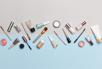 Set of decorative cosmetic on the color background