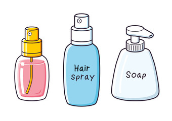 Perfume fragrance bottle, hair spray can, liquid soap isolated.