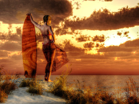 A Woman Stands On A Grassy Dune And Watches The Sunset Over The Ocean. She Wears A Red Bikini And As One Hand On Her Hip And The Other Resting On Her Surf Board. 3D Rendering