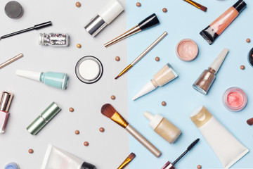 Set of decorative cosmetic on the color background