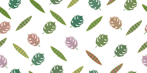Seamless pattern from leaves of tropical plants. Vector hand drawing illustration.