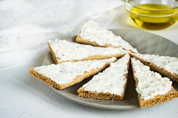 Light summer homemade sandwiches with cottage cheese and greens. Dietary, healthy food