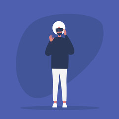 Young indian male character wearing a virtual reality headset