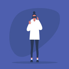 Young female character wearing a virtual reality headset. VR. AR. New technologies. Millennial gadgets and lifestyle / flat editable vector illustration