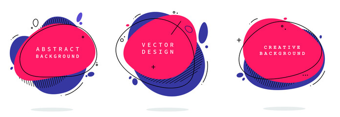 Set of modern abstract vector banners. Flat geometric shapes of different colors with black outline in memphis design style. Template ready for use in web or print design.