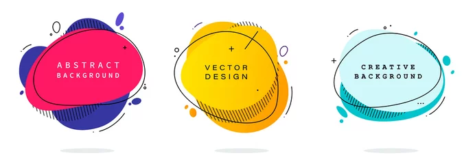 Foto op Canvas Set van moderne abstracte vector banners. Platte geometrische vormen van verschillende kleuren met zwarte omtrek in de ontwerpstijl van Memphis. Sjabloon klaar voor gebruik in web- of printontwerp. © Vitaliy