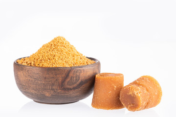Panela or sugar cane candy - Saccharum officinarum. Text space