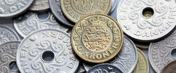 Mixed Danish Kroner coins - directly above in panoramic format. 