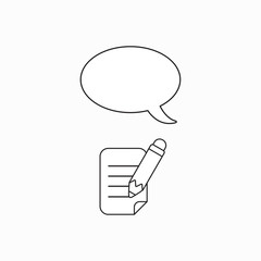 Vector icon concept of pencil writing on paper with blank speech bubble.