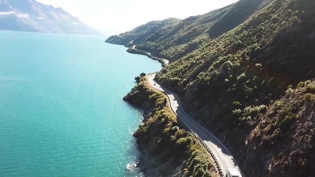 AERIAL: Water view at Devils Staircase over Lake Wakatipu, New Zealand