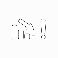 Vector icon concept of sales bar graph arrow moving down with exclamation mark.