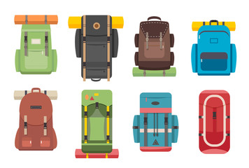 Camping Hiking Tourist Backpacks set. Outdoor Nylon Sport bag. Climbing, Travelling Backpack, vector illustration
