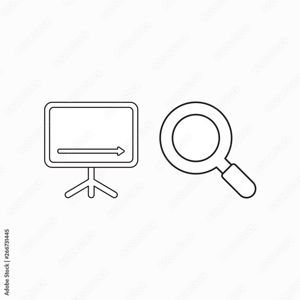 Poster vector icon concept of sales chart arrow moving down with magnifying glass.