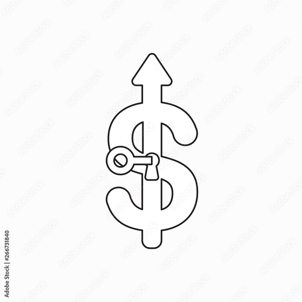 Poster vector icon concept of key unlock or lock dollar symbol with arrow moving up.