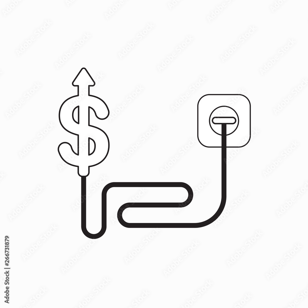 Poster vector icon concept of dollar symbol with cable and plugged into outlet and arrow moving up.