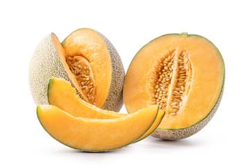 Beautiful tasty sliced juicy cantaloupe melon, muskmelon, rock melon isolated on white background, close up, clipping path, cut out.