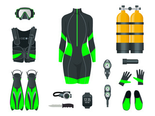 Woman's Scuba gear and accessories. Equipment for diving. IDiver wetsuit, scuba mask, snorkel, fins, regulator dive icons. Underwater activity diving equipment and accessories. Underwater sport.