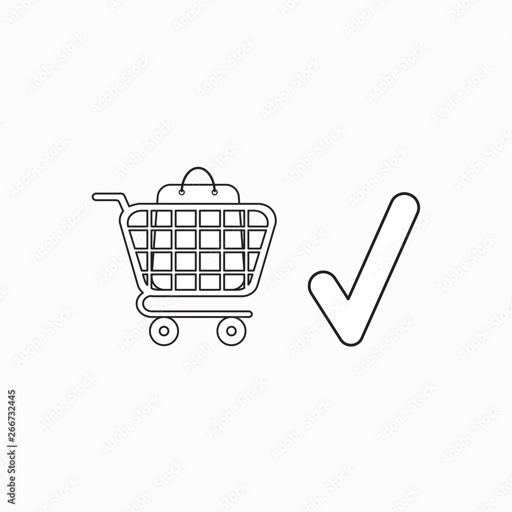 Poster vector icon concept of shopping bag inside shopping cart with check mark.