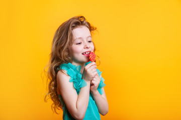 Beautiful little girl with sugar lollipop on yellow background