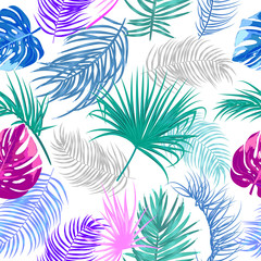 Tropical jungle palm leaves seamless pattern, neon colors