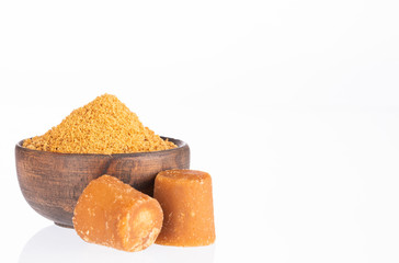 Panela or sugar cane candy - Saccharum officinarum. Text space