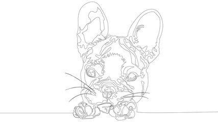 Cute bulldog.Linear illustration of a single line of a cute French bulldog lying muzzle on paws.