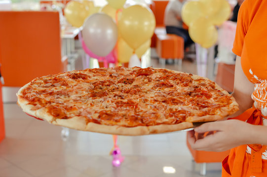 Fast Food. Pizza Birthday Party In Cafe With Balloons