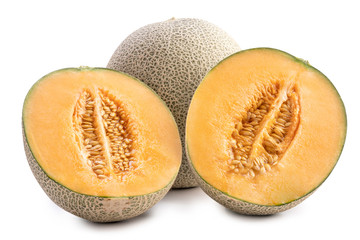 Beautiful tasty sliced juicy cantaloupe melon, muskmelon, rock melon isolated on white background, close up, clipping path, cut out.