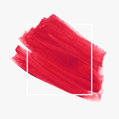 Bright red brush painted background. Abstract texture design acrylic stroke poster over square frame vector illustration.