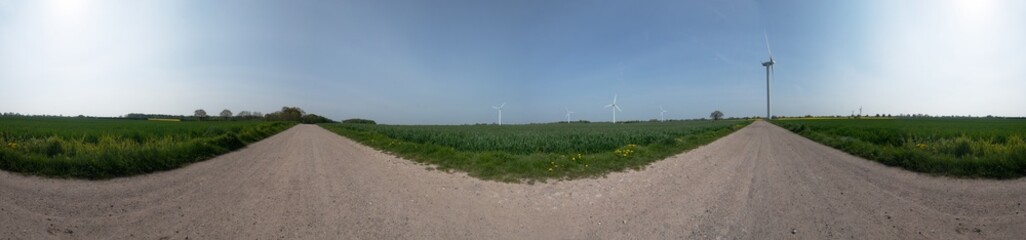 360 degree view of a field with windmill from Germany -  nodal point, unfinished