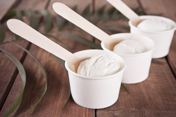Row of vanilla ice cream with spoons and palm leaf on the wooden background