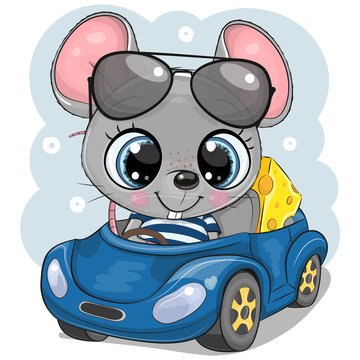 Cartoon Mouse with cheese in glasses goes on a Blue car
