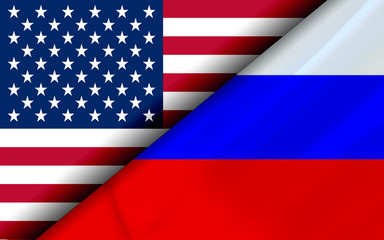 Flags of the USA and Russia Divided Diagonally