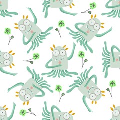 Seamless pattern cute monsters, great design for any purposes. Childish vector illustration. Children design pattern background. Cartoon style. Kids seamless pattern. Seamless vector texture.