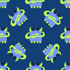 Fantastic abstract image with seamless pattern space monsters on dark background. Decoration element. Kids background. Vector design element.Comic background. Kids graphic illustration.