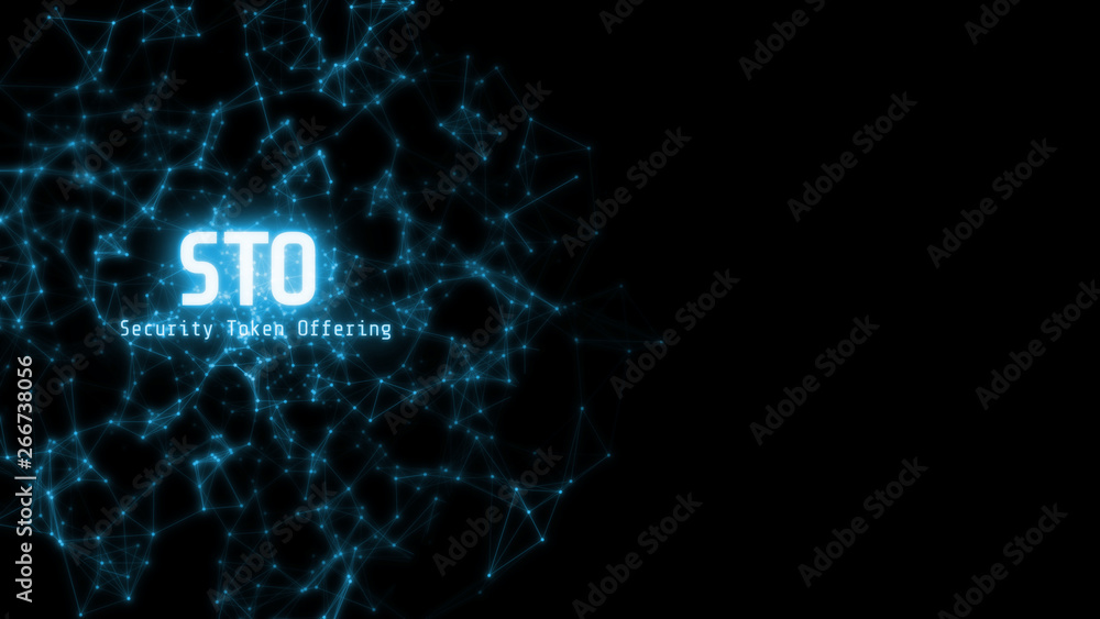 Poster 3d rendering of abstract network nodes connected with dots and line with text sto security token off