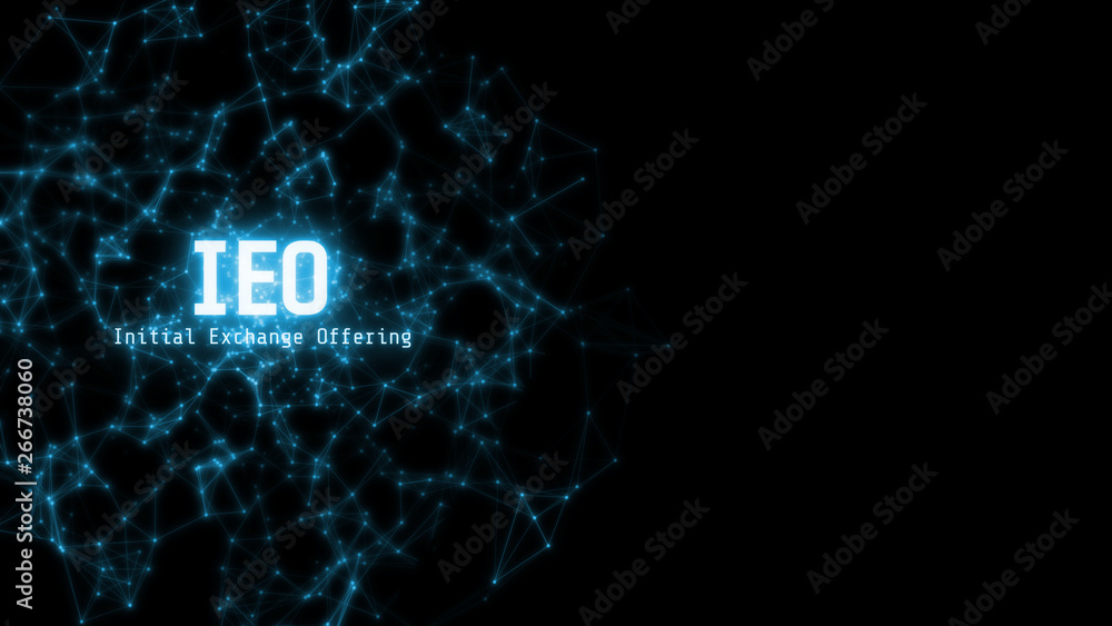 Poster 3d rendering of abstract network nodes connected with dots and line with text ieo initial exchange o