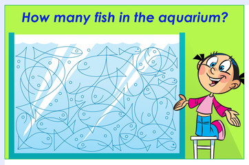 In the vector illustration puzzle how many fish in the aquarium. Ready design template for your project.