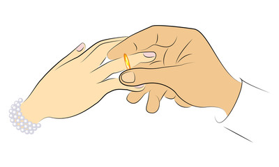 The hands of newlyweds at the wedding. A man wears an engagement ring to a girl. Vector illustration