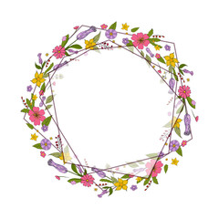 Geometric flowers frame. Vector flowers set. Beautiful wreath. Elegant floral collection with isolated blue,pink leaves and flowers, hand drawn watercolor.