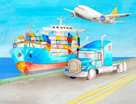 Watercolor transport concept of a blue container truck and a blue American semi-trailer tractor without a body against the background of the harbor scenery