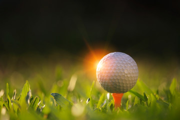 golf ball on tee in a beautiful golf course with morning sunshine