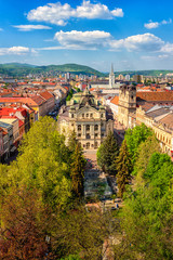 Top view of Main street (Hlavna ulica) of Kosice Old city from St. Elisabeth Cathedral, with State theatre Košice (Statne divadlo) and medieval architecture, Slovakia (Slovensko), vertical image