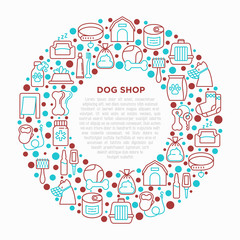 Dog shop concept in circle with thin line icons: bags for transportation, feeders, toys, doors, dental hygiene, muzzle, snacks, hygienic bags, dry food, wet food, collar, haircare. Vector illustration