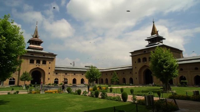 Close up still shot of front part of Jamia Masjid Mosque, Srinagar. It shows a furnished Imam's worship seat, Minbar, and qibla wall.