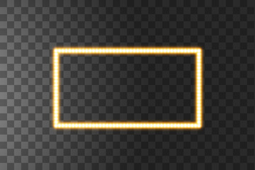 Shining yellow led vector rectangle frames, neon illumination on transparent background. Glowing decorative rectangle tapes of diode ecological lamps light effect for banners, web-sites